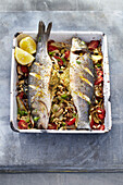 Whole stuffed roasted fish on a fennel and tomato medley
