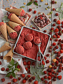 Raspberry ice cream with an ice cream scoop in a bowl and in waffle cones beside fresh and frozen berries
