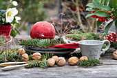 Weihnachtsdekoration mit Koniferenzweigen, Samenstand von Fenchel, Granatapfel und Walnüssen