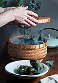 Zongzi Rice dumpling in a steamer for Chinese traditional Dragon Boat Festival (Duanwu Festival)