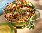 Dish with potatoes, chicken, mushrooms, and green beans