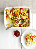 Leek and tomato eggy bread bake