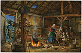 Medieval thatched cottage, illustration