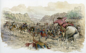 Troop of Huns defeating a Roman column, illustration