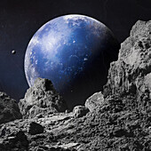 Rocky moon looking towards exoplanet waterworld, composite image