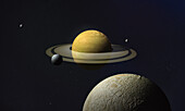 Exoplanetary system with rings and moons, composite image