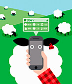 Using mobile phone to track livestock data, illustration