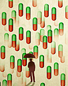 Pills raining down on man holding umbrella, illustration