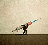 Man struggling to carry hypodermic needle, illustration