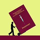 Man moving UK covid passport on trolley, illustration
