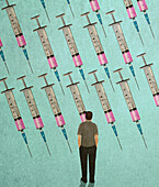 Man looking at lots of syringes, illustration