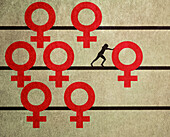 Woman pushing female gender symbol on abacus, illustration