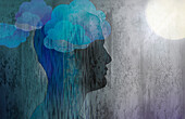 Depressed man with head in rain clouds, illustration