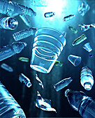 Plastic bottles floating under water, illustration