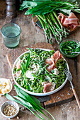 Wild garlic asparagus pasta with buratta and proscuitto
