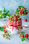 Strawberry tiramisu cake with pink chocolate and freeze-dried strawberries
