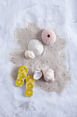 Sand with shells and mini sandals (imaginary hammock)