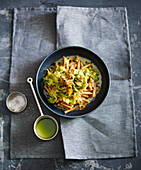 Lentil pasta with savoy cabbage and chanterelles