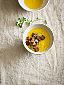 Yellow pepper soup with sourdough croutons