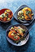 Hasselback butternut with crunchy gremolata and baked feta