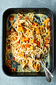 Baked feta pasta with pumpkin from the oven