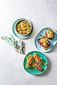 Loaded sweet potatoes, Chickpea, bean and spinach pasta, Bean bruschetta