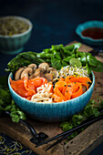 A Buddha Bowl with carrots, noodles, salmon, mushrooms, bok choy and beansprouts