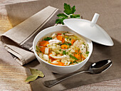 Chicken soup with vegetables and shell pasta