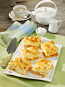 Cottage cheese and coconut tart slices with mandarin oranges