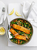 Indian salmon with chickpea stew
