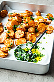 Baked potatoes with quick parsley garlic oil