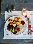 Christmas dinner with turkey and various side dishes