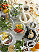 Herbs and spices in mortars
