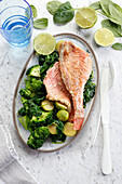 Redfish fillet with broccoli, spinach and Brussels sprouts