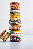 A tower of various ice cream sandwiches