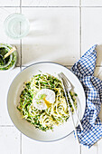 Low carb pasta with pesto and poached egg