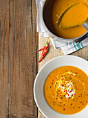 Butternut squash soup with chilli and creme fraiche