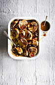Caramelized bread and butter pudding with figs
