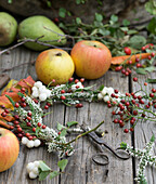 Small wreath of snowberries, rosehips and heather