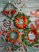 Wreaths of herbs and chilli