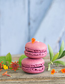 Black currant macarons, olive branches, and Lantanas
