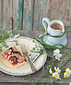 Plum cake with cocoa, place card and camomile