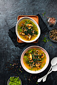 Vegan kale soup with mushrooms