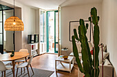 Open living room with balcony door, cactus in foreground