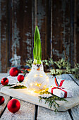 Hyacinth in light bulb vase with fairy lights, gift and Christmas baubles