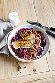 Pike-perch fillet on radicchio-thyme pasta