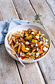 Wholewheat pasta with feta and ratatouille vegetables