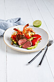 Surf and Turf with bell peppers and avocado