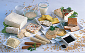 Various soy products: Tofu, miso, soy milk, silken tofu, soyak