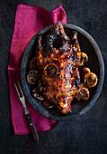 Glazed duck with roasted dried figs
